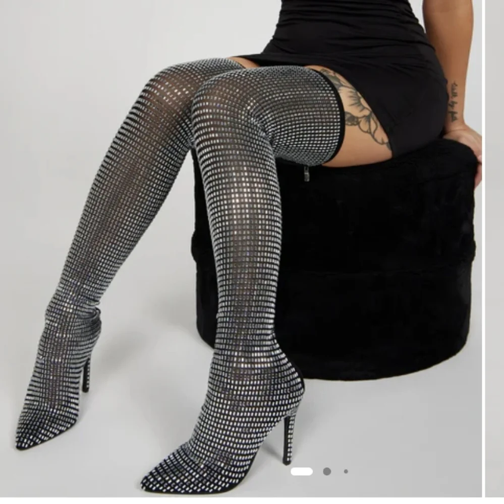 Black & Silver Over-the-Knee Boots With Mesh Stretch And Back Zip Sz 9 Nwt